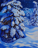 snow laden spruce in moonlight
